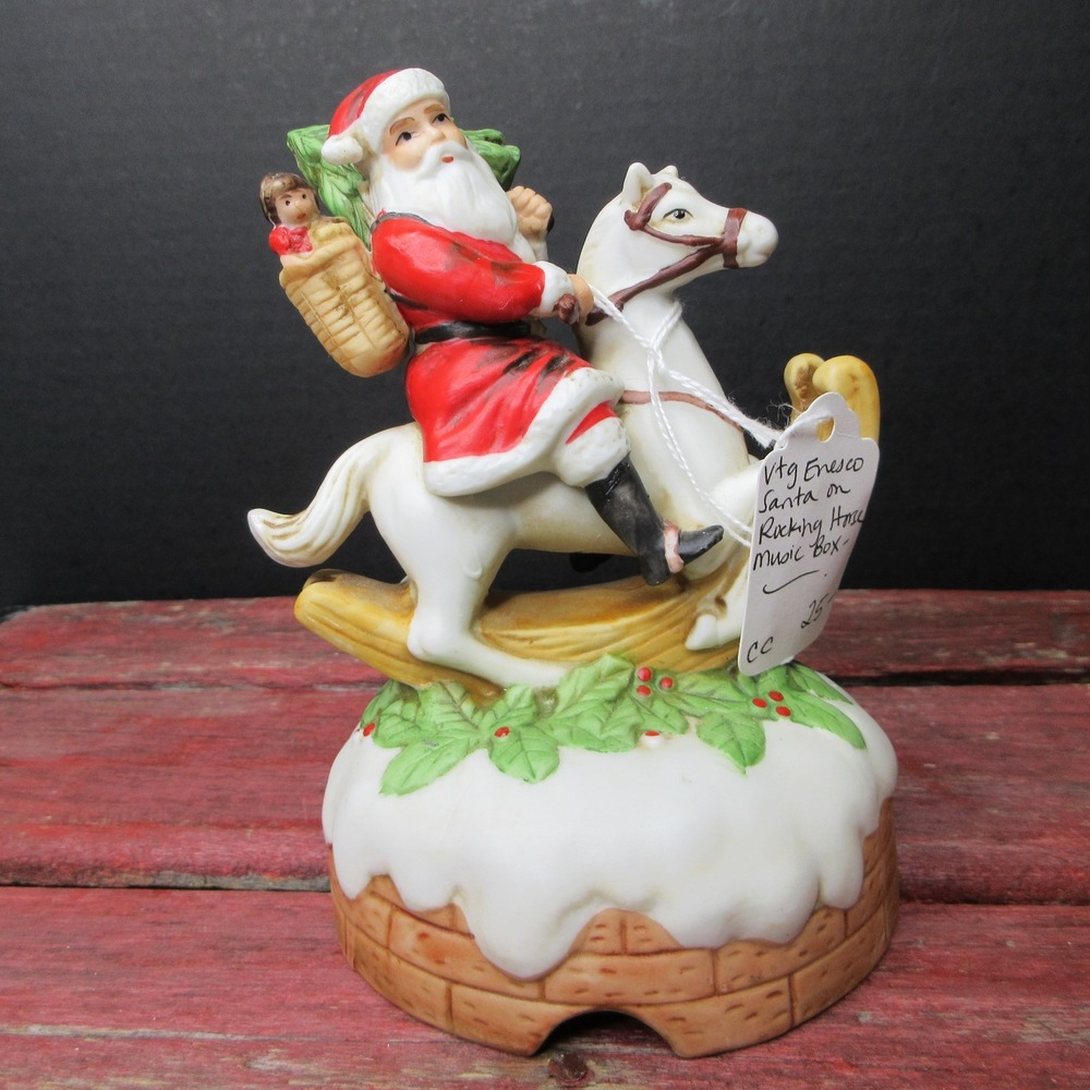Vtg Enesco Santa Claus on Rocking Horse Music Box "Here Comes Santa Claus" 1985